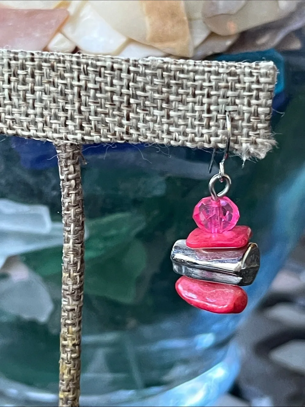 Pink Shell & Silver Bead Dangle Earrings